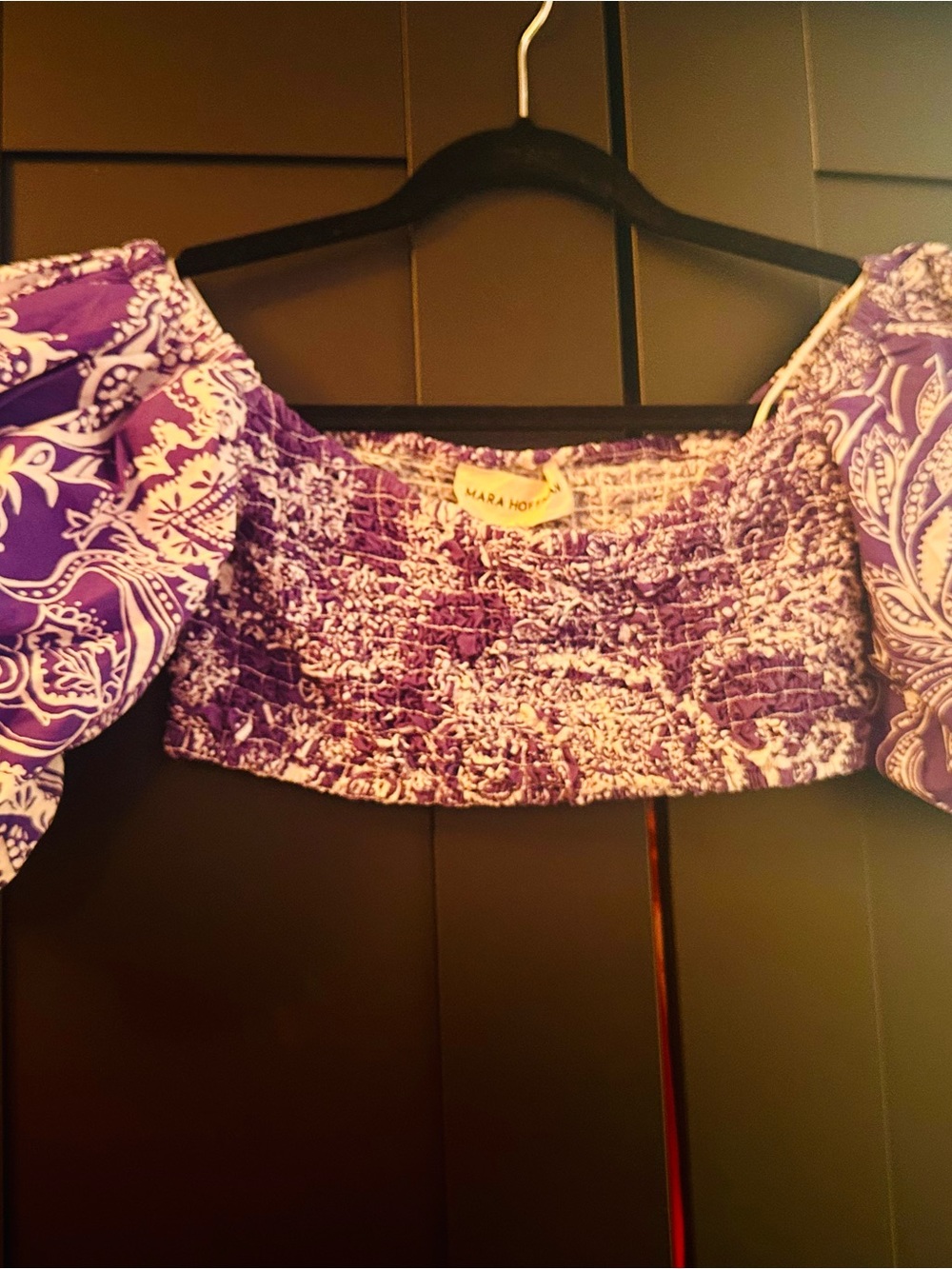 Mara Hoffman Purple Paisley Smocked Off-Shoulder Crop Top
